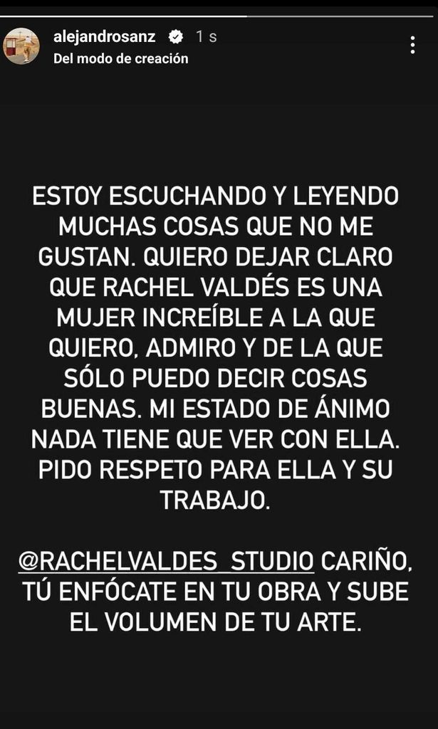Alejandro Sanz y su mensaje sobre Rachel Valdés