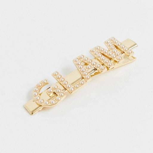 hair clip with pearl glam slogan in gold tone de asos design