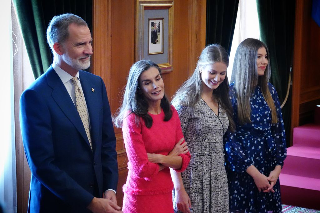 OVIEDO ASTURIAS, SPAIN - OCTOBER 25: (L-R) King Felipe VI and Queen Letizia, together with the Princess of Asturias and the Infanta receive in audience the recipients of the 2024 Princess of Asturias Medals at the Hotel La Reconquista, on 25 October, 2024 in Oviedo, Asturias, Spain. This reception is part of the events leading up to the 2024 Princess of Asturias Awards Ceremony. This edition highlights the prominence of DoÃ±a Leonor due to her coming of age and her tenth anniversary as honorary president of the foundation that awards the prizes. (Photo By Xuan Cueto/Europa Press via Getty Images)