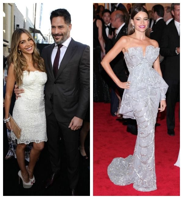 Un look de aire nupcial que reúne muchos de los favoritos de Sofia Vergara: hombros descubiertos, línea sirena y cola. Lo firma Marchesa y la actriz lo llevó a la gala MET de 2012.
