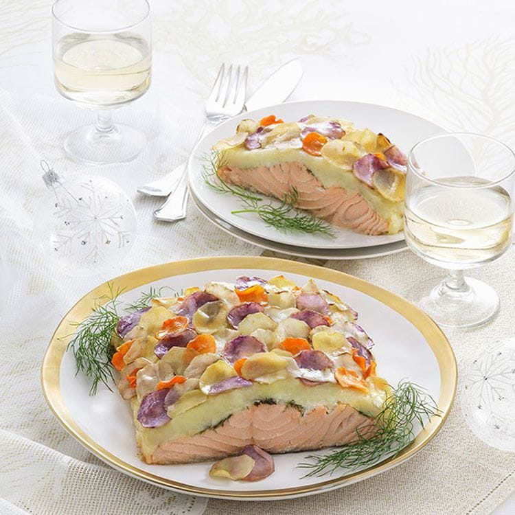 Salmón con gratín de patata y coliflor