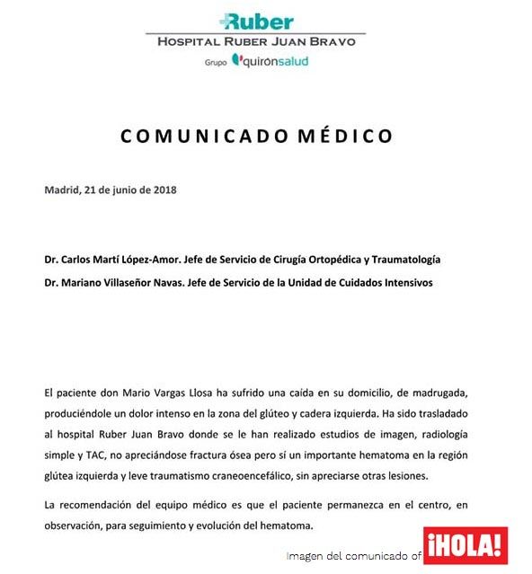 Parte médico de Mario Vargas Llosa