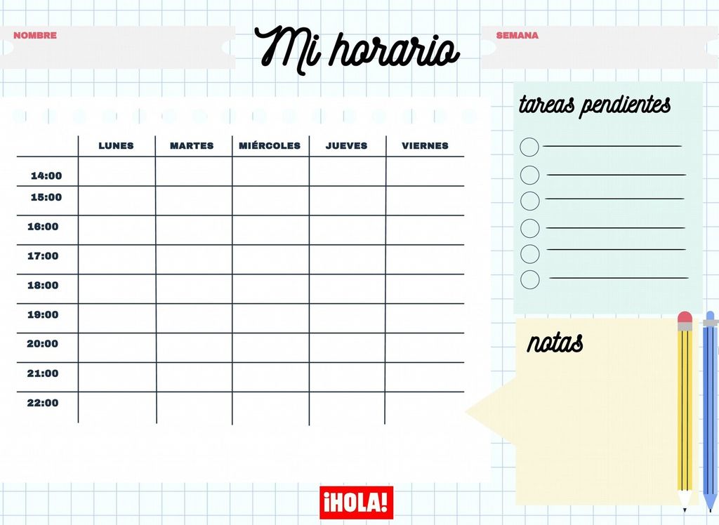 Horario descargable escolar para las tareas de casa.