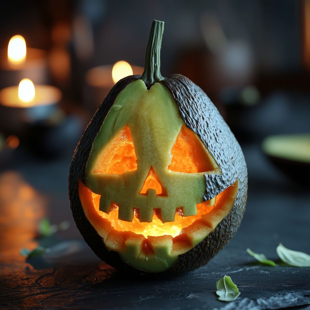 Aguacate que simula la calabaza jack o'lantern típica de Halloween