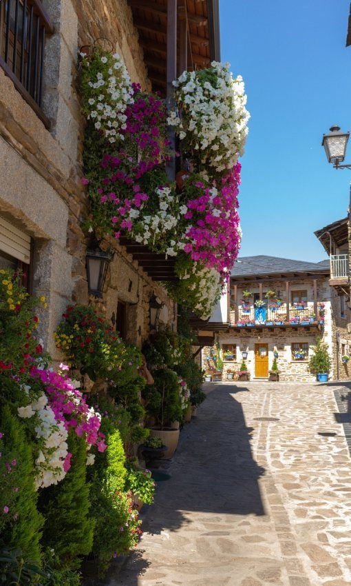 bonita calle repleta de flores en sus balcones en la localidad zamorana de puebla de sanabria