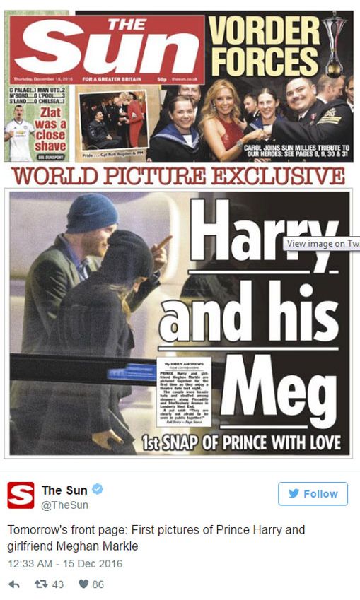 The Sun anunciaba anoche su portada de hoy en Twitter: las primeras fotografías del príncipe Harry y Meghan Markle
