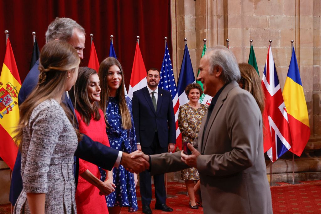 Joan Manuel Serrat,Spanish King Felipe VI and Queen Letizia with Princess of Asturias Leonor de Borbon and Infant Sofia de Borbon during an audience with the awarded the Princess of Asturias awards 2024 in Oviedo, on Friday 25 October 2024.