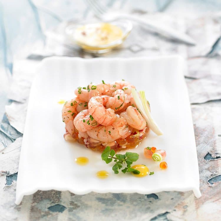 Tartar picante de gambas con mostaza