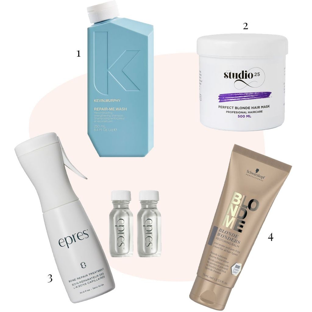 1) 'Champú efecto restaurador', Kevin Murphy / 2) 'Mascarilla Perfect Blonde', Studio25 / 3) 'Bond Repair Treatment', epres / 4) 'Bálsamo Blonde Wonders', Schwarzkopf Professional