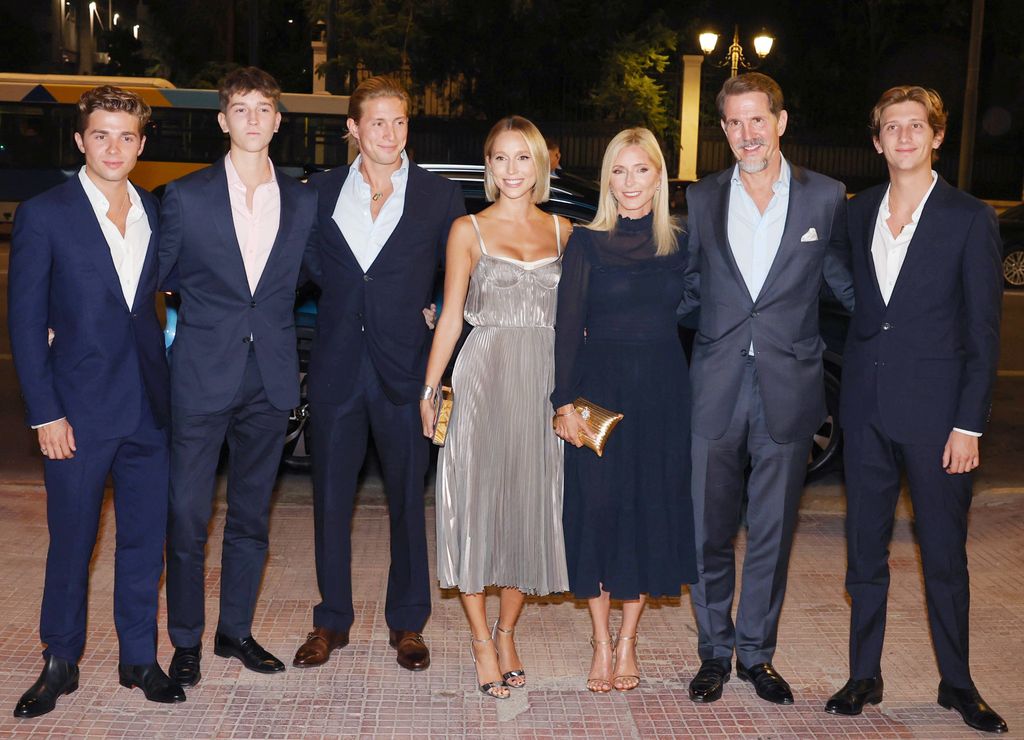 Paul of Greece and Marie-Chantal of Greece with their children, Olympia, Constantine Alexios, Achileas, Odysseas and Aristides at the Pre-wedding of Theodora of Greece and Matthew Kumar on September 27, 2024, in Athens, Greece. (Photo By Jose Ruiz/Europa Press via Getty Images)