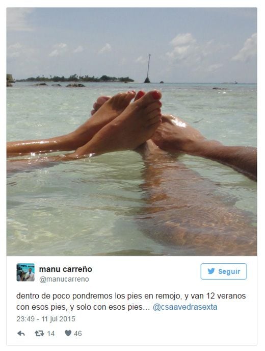 El año pasado, el periodista se puso romántico en las redes sociales, publicando esta declaración de amor tan original: "Dentro de poco pondremos los pies en remojo, y van 12 veranos con esos pies, y solo con esos pies… Cristina"
