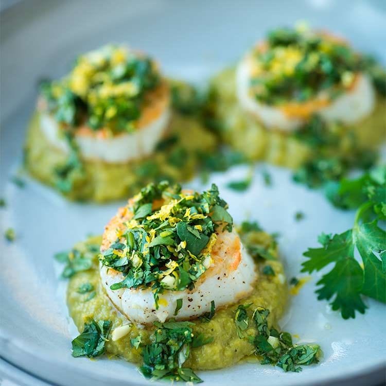 Vieiras con 'gremolata' y puré de aguacate