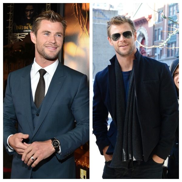 Chris Hemsworth con look urbanwear en color azul y gris.
