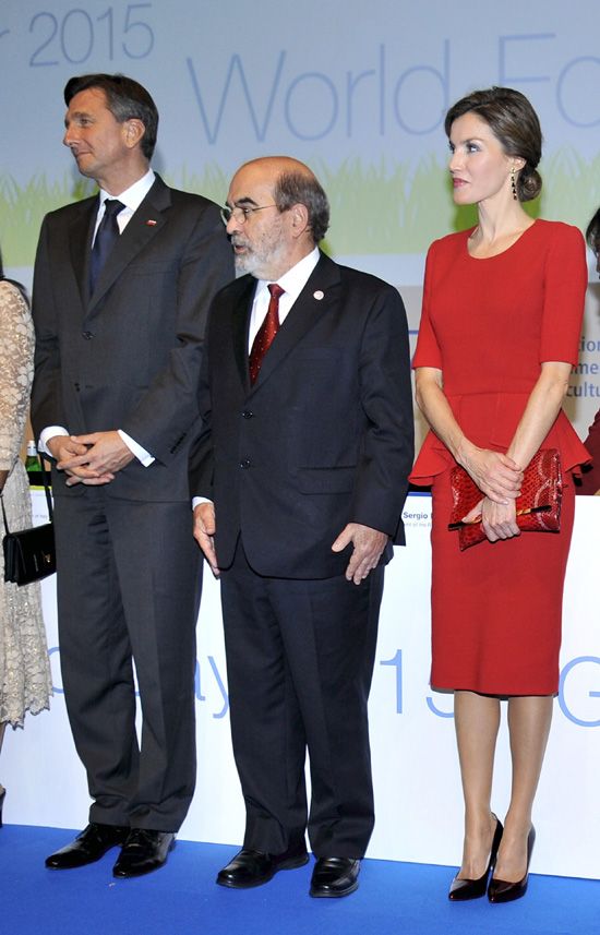 La Reina estaba muy elegante con un vestido rojo de Carolina Herrera. Doña Letizia completó su ‘look’ con unos zapatos de Lodi y una cartera de ‘animal print’ también roja y firmada por Carolina Herrera. Recogió su pelo en un elaborado moño bajo y llevaba unos favorecedores pendientes largos
