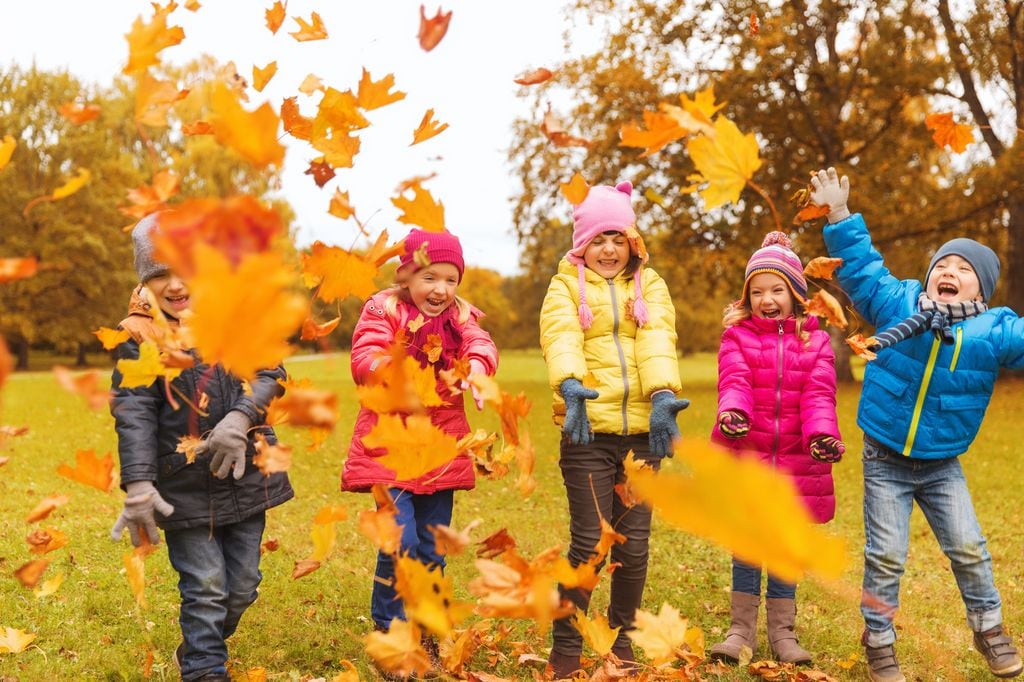 Grupo de niños jugando en el parque con las hojas de los árboles en otoño