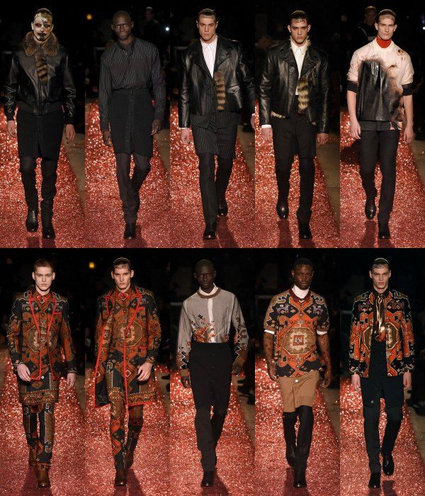 GIVENCHY. Las prendas de la colección: una amalgama de tendencias para hombre y mujer, con pinstripes a varias alturas, faldas lápiz para hombre abotonadas al frente, bikers y bombers superpuestas sobre vestidos tipo sari con maxiestampados, y guiños al cine de terror. 