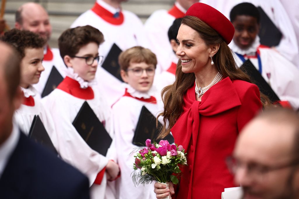 Britain's Catherine, Princess of Wales smiles as she leaves the annual Commonwealth Day service ceremony at Westminster Abbey in London, on March 10, 2025 . (Photo by HENRY NICHOLLS / AFP) (Photo by HENRY NICHOLLS/AFP via Getty Images)    