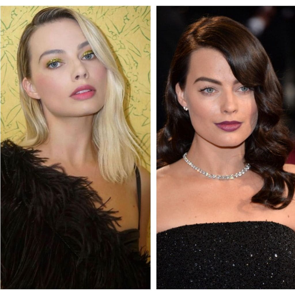 collage de margot robbie con sus looks rubia y morena