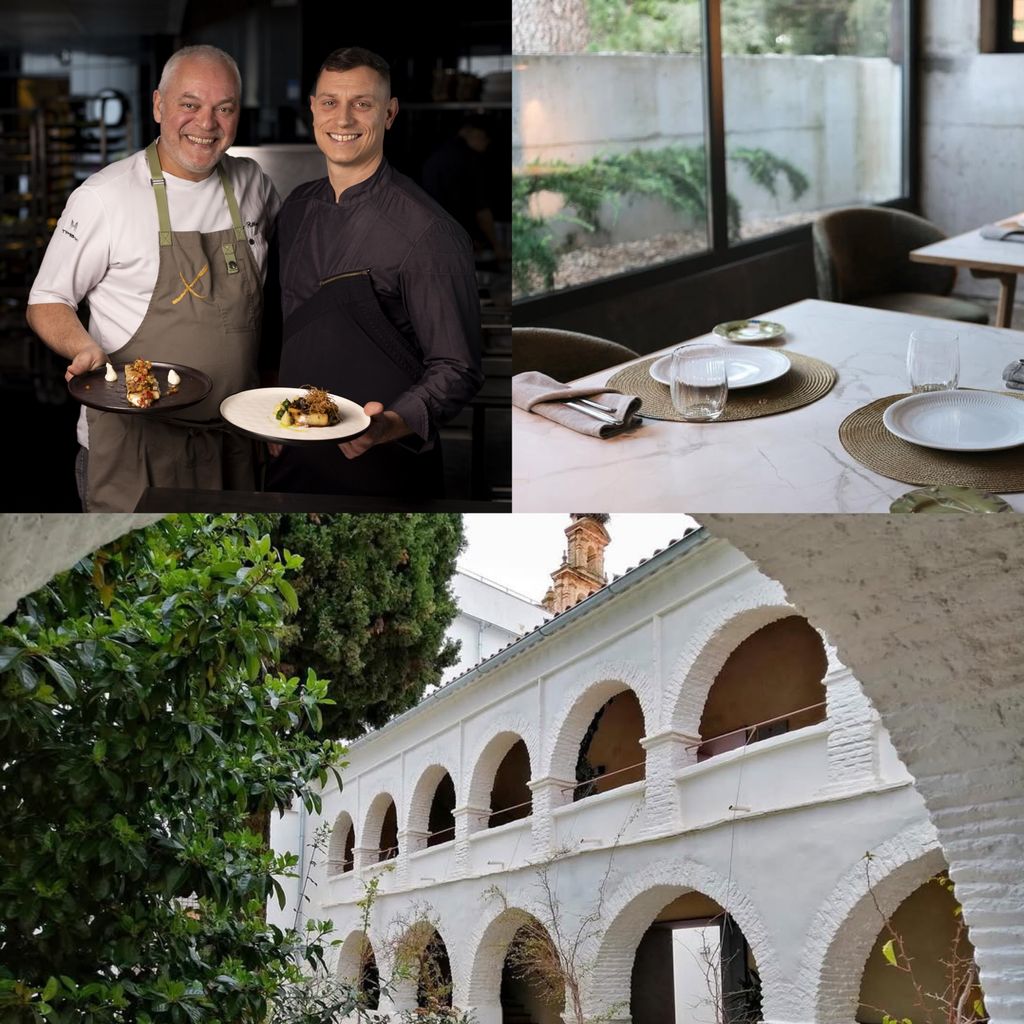 Los cocineros Xavier Pellicer Stefanno Pinna en el 4 Manos de W Barcelona Hotel; mesa del restaurante Cedro del Box Art Hotel y esterior del Hotel Convento de Aracena.