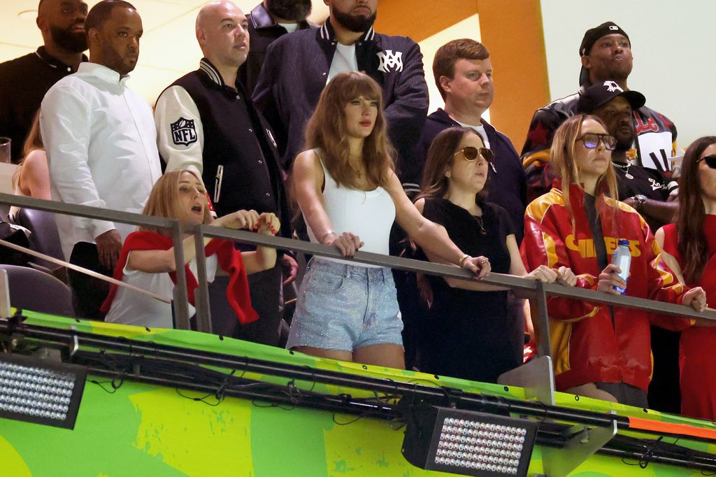 Ashley Avignone, Taylor Swift, Alana Haim and Este Haim attend Super Bowl LIX at Caesars Superdome on February 09, 2025 in New Orleans, Louisiana. (Photo by Gregory Shamus/Getty Images)