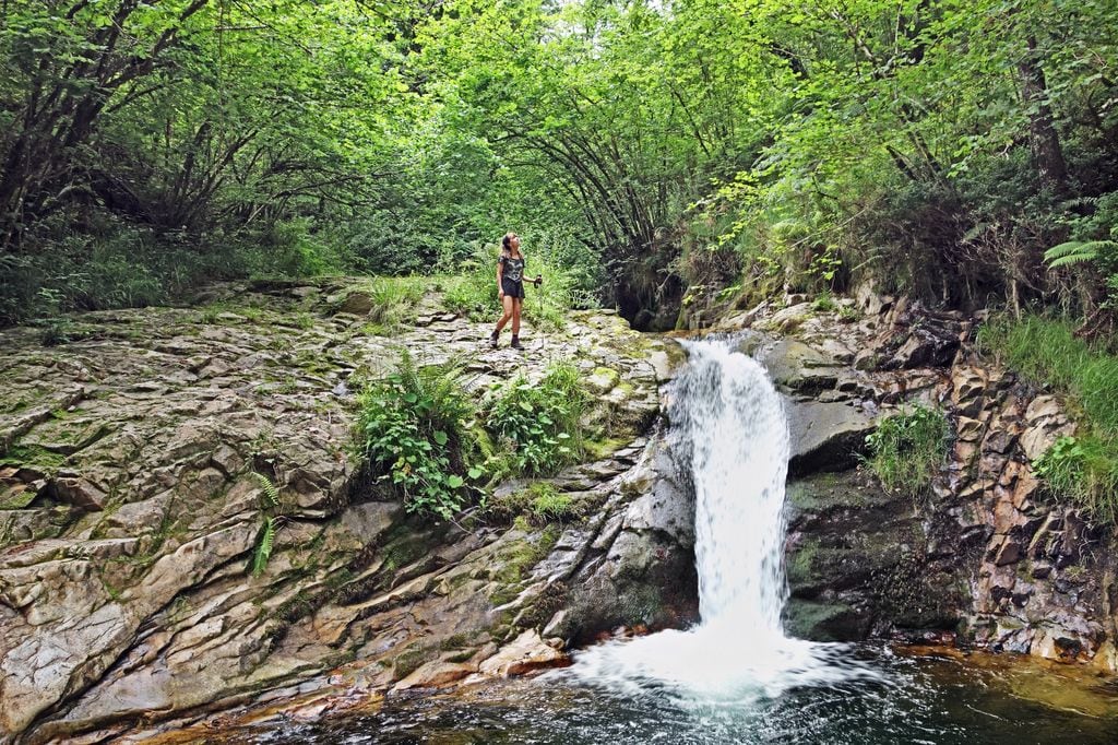 Castaños de la Pesanca, cascada y poza del rio del infierno en el estrecho de la Lanchosa, Asturias