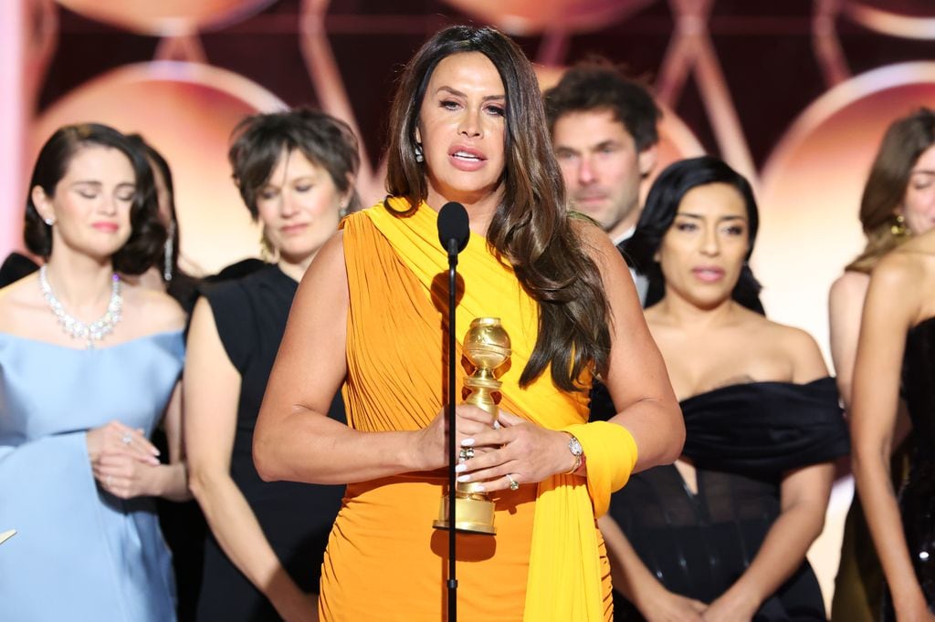 Karla Sofía Gascón wins Best Motion Picture  Musical or Comedy for "Emilia PÃ©rez" during the 82nd Annual Golden Globes held at The Beverly Hilton on January 05, 2025 in Beverly Hills, California. (Photo by Rich Polk/GG2025/Penske Media via Getty Images)