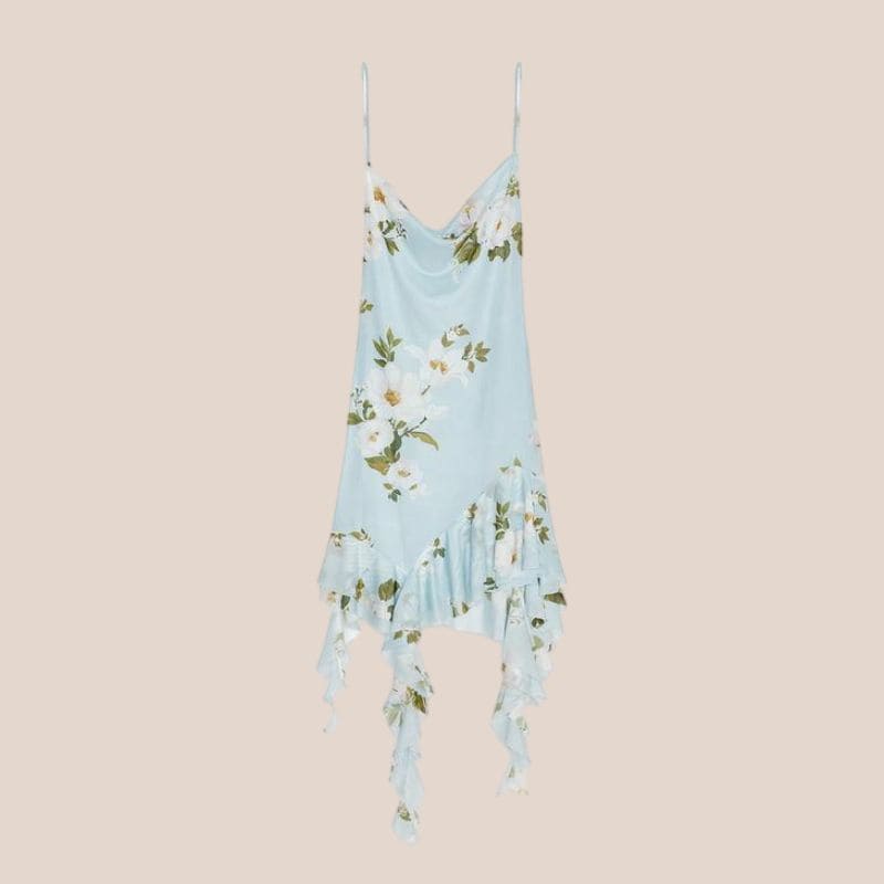 slip dress de flores y volantes asimetrico