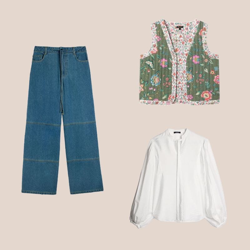 vaqueros, blusa blanca y chaleco de flores