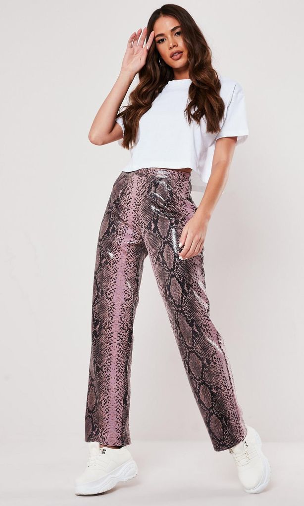 pink snake print shiny wide leg trousers de missguided