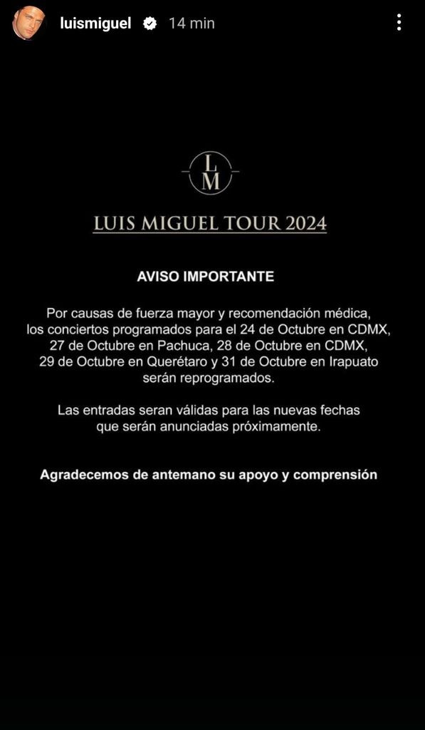 El breve comunicado con el que se informó de los cambios en la gira de Luis Miguel.