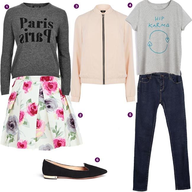 1. Jersey con mensaje, de Topshop (46 €); 2. Falda con flores, de Forever 21 (C.P.V); 3. Beisbolera rosa, de Oasis (C.P.V.); 4. camiseta básica, de The Hip Tee (58 €); 5. Pantalón vaquero, de Zara (15,99 €); Y, 6. Zapatos ‘slippers’ negros, de Tory Burch(C.P.V). 