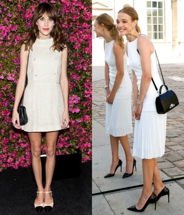 Alexa Chung, de blanco y con mini bolso de Chanel en negro.
