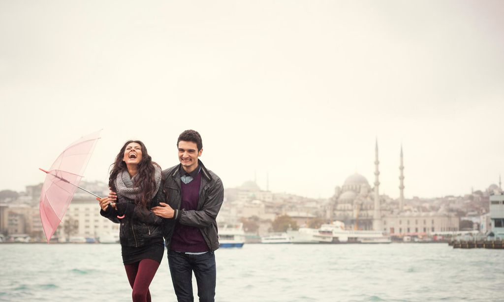 Happy Couple On A Rainy Day In Turkey