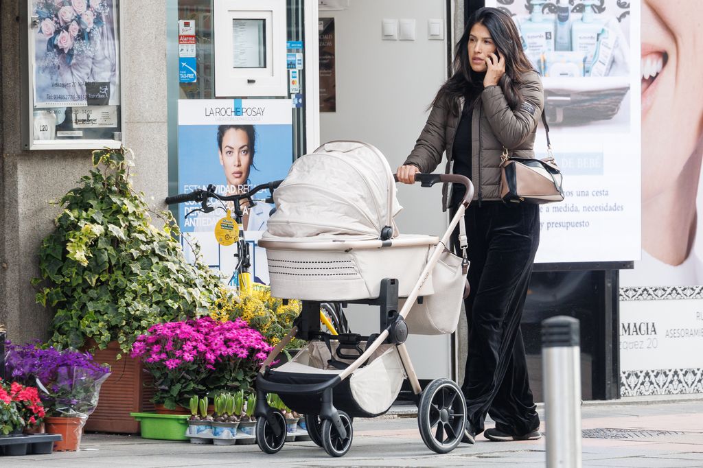 Gabriela Guillen and son in Madrid 14 February 2024.