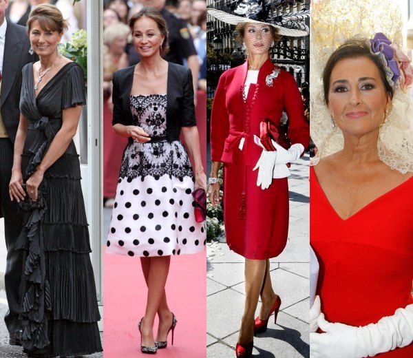 Cuatro ejemplos espectaculares para madrinas y madres de la novia que vayan a una boda este año: el vestido de noche en color negro de Carole Middleton, que contrasta con el coat dress en azul que lució durante la ceremonia de día en la boda de los Duques de Cambridge; el Oscar de la Renta bicolor de Isabel Preysler en la boda de María Colonques y Andrés Benet, con chaqueta corta negra de manga francesa, zapatos joya y clutch en rojo; Naty Abascal con un dos piezas rojo y espectacular pamela blanca con guantes a juego; y Carmen Tello, ejerciendo el papel de madrina en la boda de la Duquesa de Alba y Alfonso Díez, con un Victorio & Lucchino de color rojo, guantes blancos y mantilla en crema.
