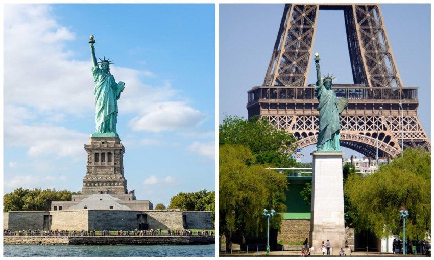 estatua de la libertad en nueva york y su replica en la ciudad de paris