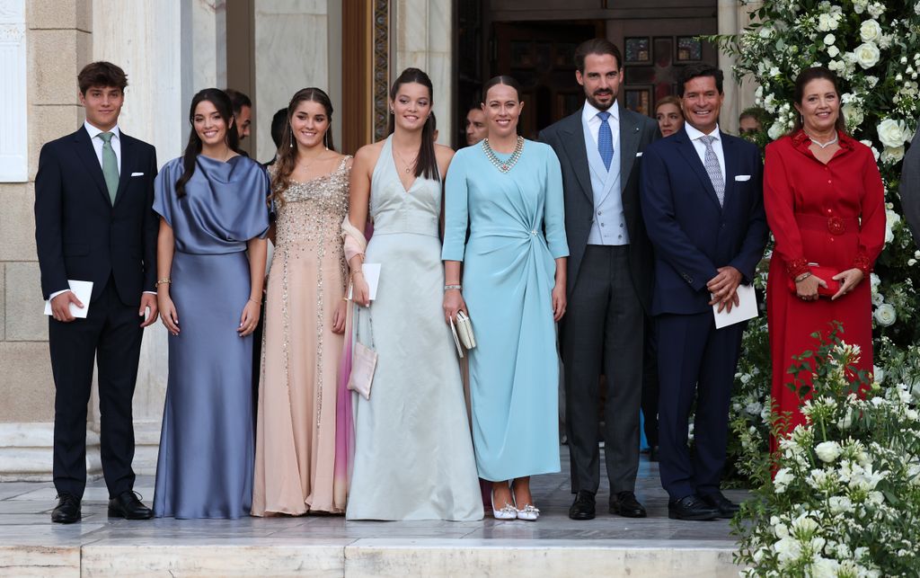 Felipe de Grecia, Nina Flohr, Carlos Morales and Alexia de Grecia with their children leave the Athens Cathedral where they attended the marriage between Theodora of Grecia and Matthew Kumar, on September 28, 2024, in Athens (Greece)