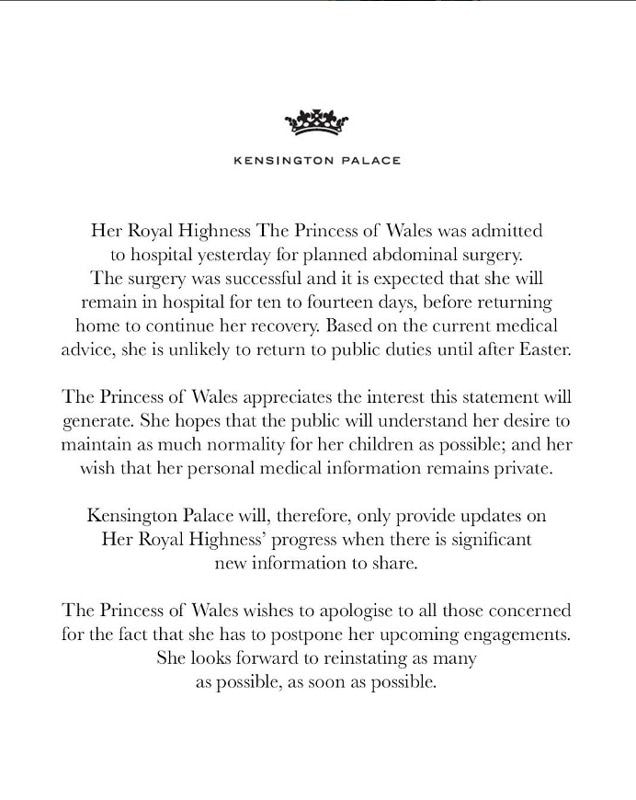 Comunicado enviado por los Principes de Gales