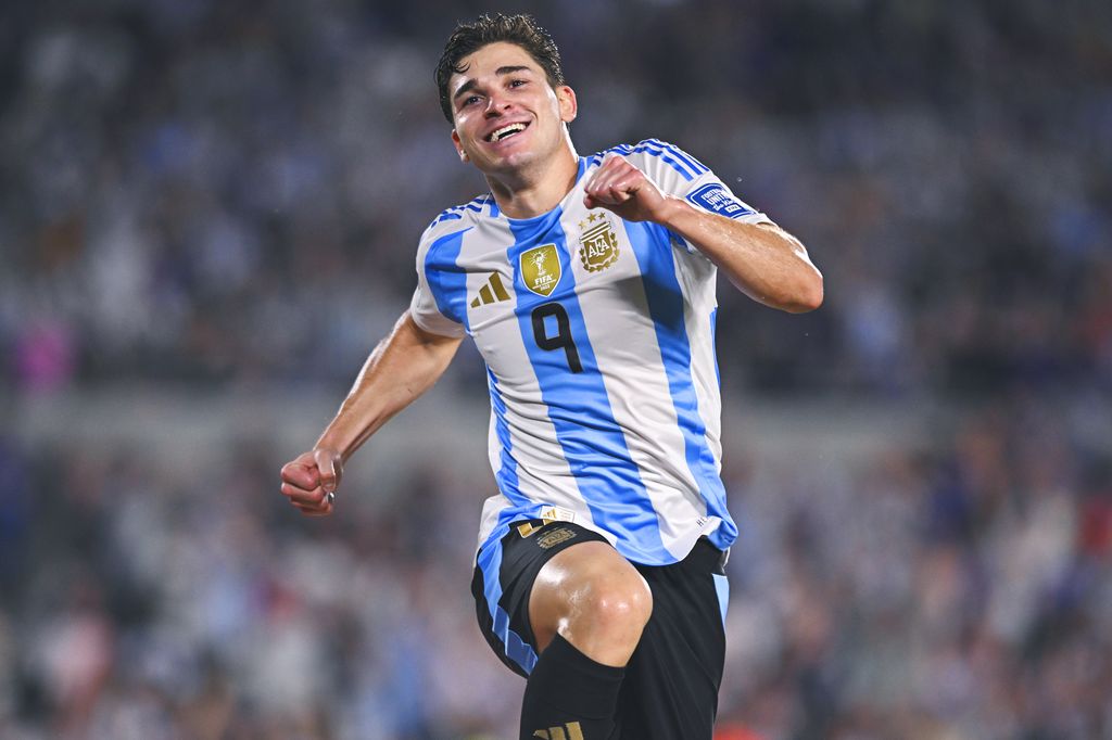 Julian Alvarez of Argentina celebrates after scoring the team's third goal during a FIFA World Cup 2026 Qualifier match between Argentina and Bolivia at Estadio Más Monumental Antonio Vespucio Liberti on October 15, 2024 in Buenos Aires, Argentina