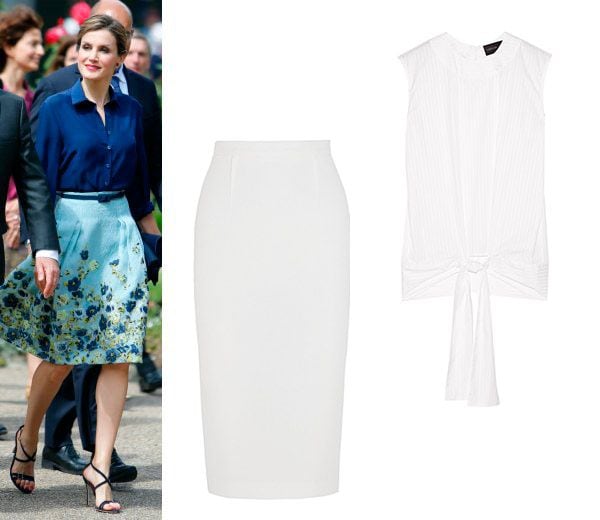 Las flores han sido una de las tendencias de la temporada en los vestidos de novia con estampados. Este dos piezas de la Reina Letizia sirve como look de novia combinado con un blusón de popelín a la cadera, y zapatos en blanco.
