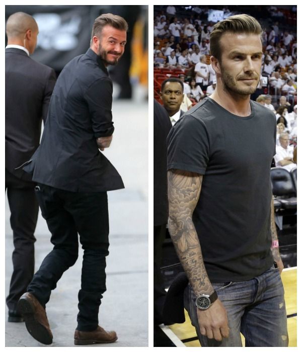 ZAPATO MARRÓN: echando un vistazo a los pies de David Beckham, hay un tipo de calzado que se repite y ese es el zapato de color marrón, especialmente si es abotinado y de ante. Funciona especialmente bien con las prendas en azul marino, o con este total look en negro.
