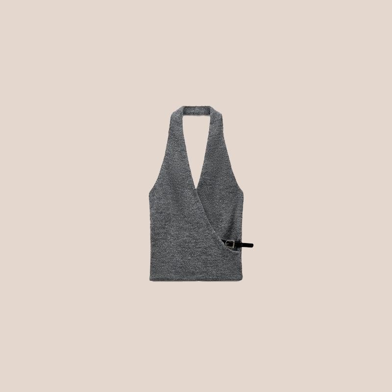 top halter de punto gris con cinturon