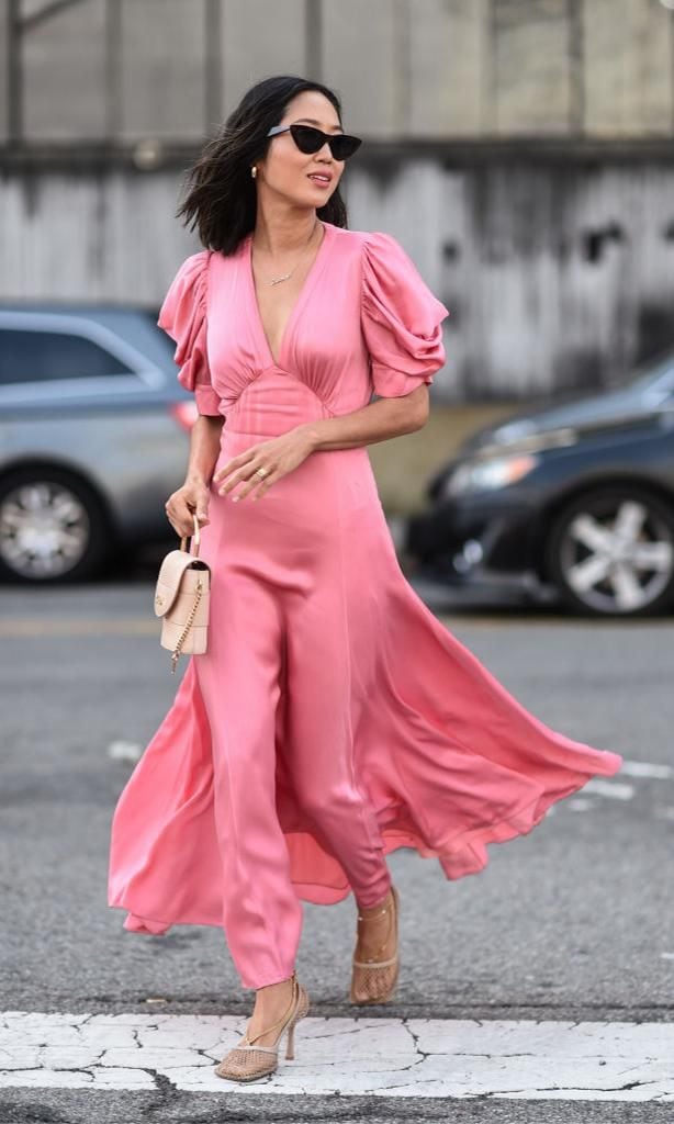 aimee song is seen wearing a pink michael kors dress