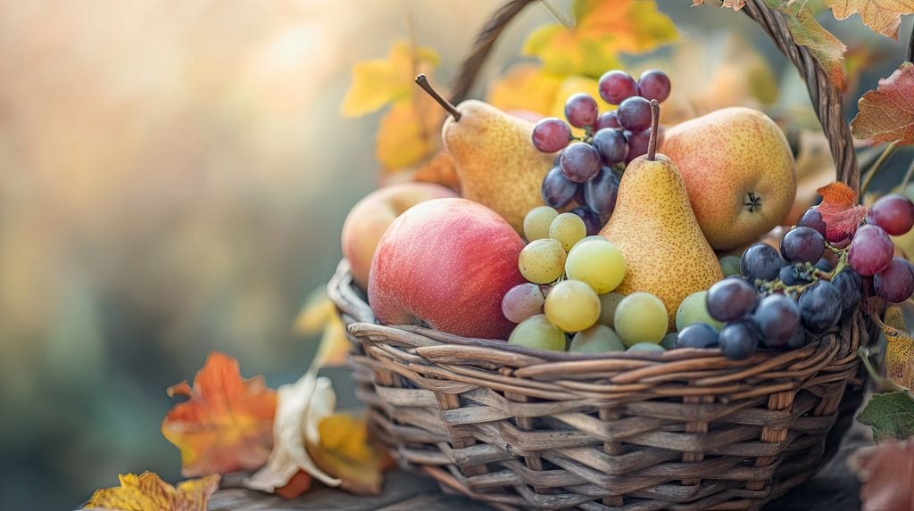 Cesta con algunas frutas de otoño: peras, manzanas, uvas, etc.