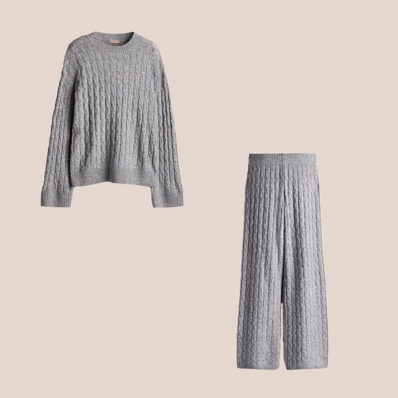 conjunto de punto: pantalón ancho y jersey gris trenzado