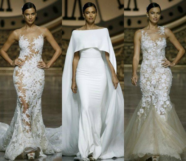 El vestido elegido para este primer look es muy parecido a los que llevó Irina Shayk para abrir y cerrar el desfile de Pronovias en Barcelona Bridal Week hace un mes.
