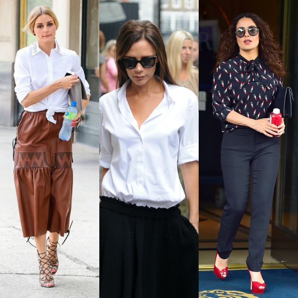 Las mangas al codo, una de las claves de estilo más femeninas y más económicas. Eso sí, hay que hacerlo bien, y no de cualquier manera. En la imagen, Olivia Palermo, Victoria Beckham y Salma Hayek.
