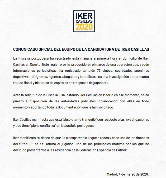 Iker Casillas comunicado registro