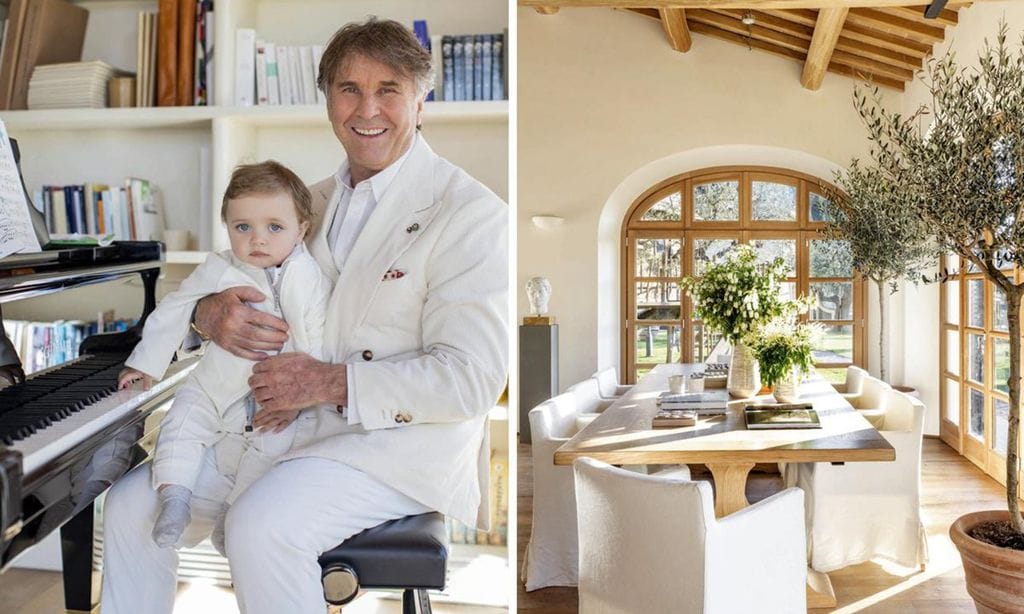 
La villa de Carolina Cucinelli. La empresaria tiene un amplio salón con varios ambientes, donde los sofás de cuero se alternan con sillones de terciopelo claro. Destacan los techos de madera, como en la casa de su hermana. En la planta superior tiene una gran librería que recoge los mil libros que su padre le regaló por su boda. Izquierda abajo, Brunello Cucinelli con su nieto, Brando, hijo de Carolina, sentado al piano. A la derecha, el comedor de la casa de Camilla, con vistas al jardín
