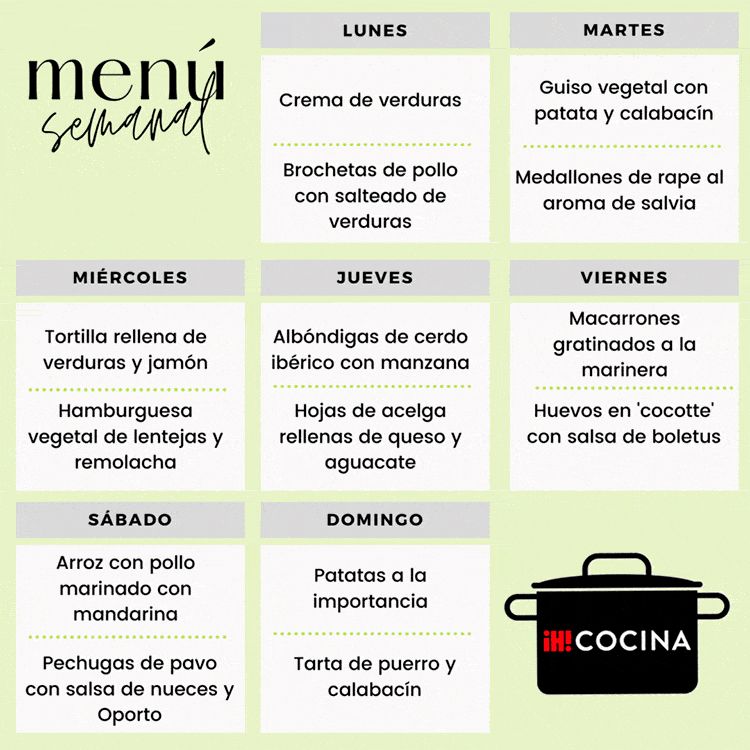 MENÚ SEMANAL DEL LUNES 20 AL DOMINGO 26 DE NOVIEMBRE